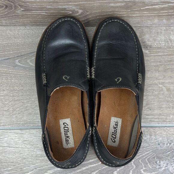 OluKai Moloa Mens Size 10.5 Black Leather Collapsible Heel Slip On Loafer - Picture 6 of 11